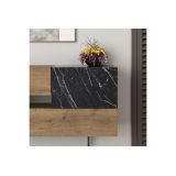 Buffet Moderno con Acabado en Mármol Negro y Madera, 145x40x82 cm, Patas Metálicas