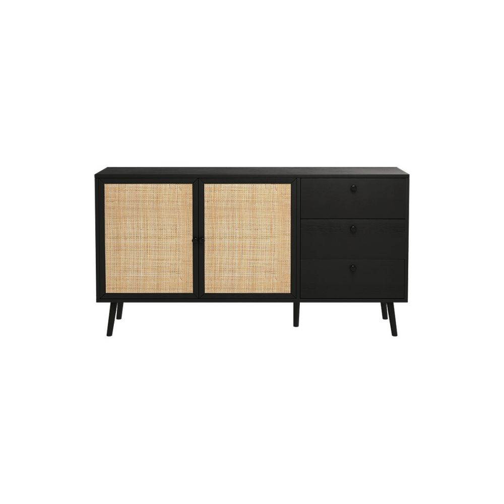 Buffet de Ratán Negro Natural con 3 Cajones y 2 Puertas - 150x39x79 cm - Elegante Almacenamiento para Salón.
