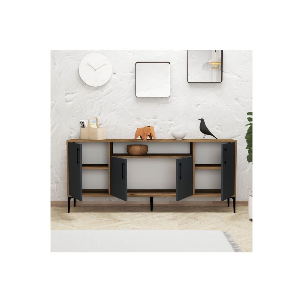 Buffet de Melamina Sonoma Oscuro-Negro - 180x40,5x78cm - Elegante Almacenamiento para Comedor