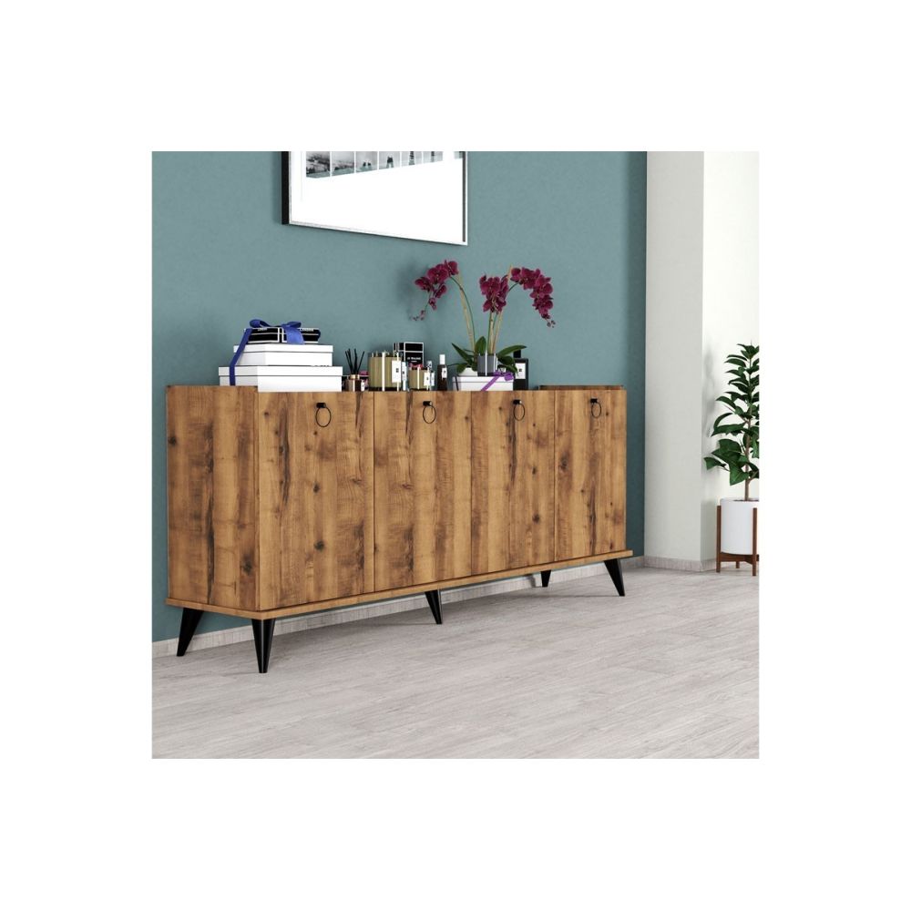 Buffet de Melamina Nogal-Negro - 182x41x82,5cm - 4 Puertas y Múltiples Estantes.