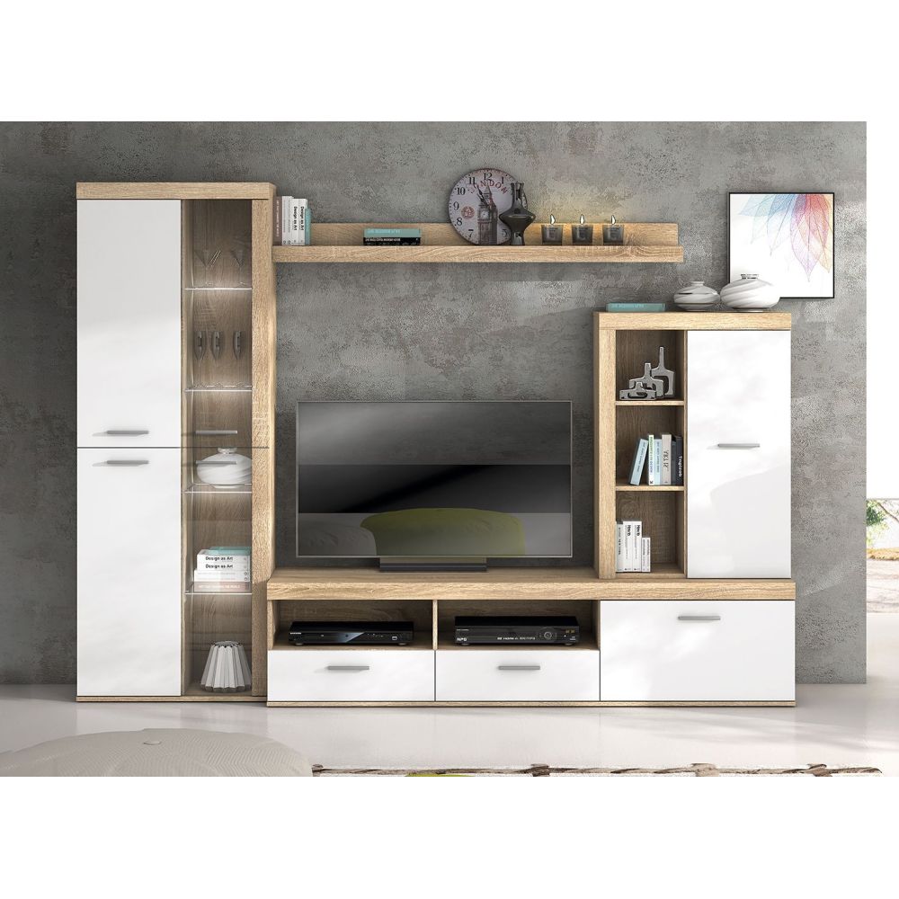 Mueble de Salón Moderno con Leds, Acabado en Cambria, 260x191 cm