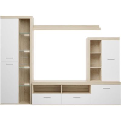 Mueble de Salón Moderno con Leds, Acabado en Cambria, 260x191 cm