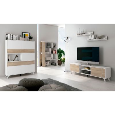 Conjunto de Salón Mueble Completo: Bajo TV, Vitrina, Estantería Decorativa y 2 Estantes - Estilo Roble y Blanco.