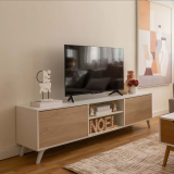 Conjunto de Salón Mueble Completo: Bajo TV, Vitrina, Estantería Decorativa y 2 Estantes - Estilo Roble y Blanco.
