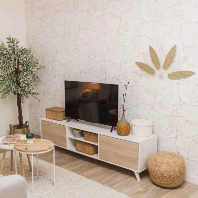 Conjunto de Salón Mueble Completo: Bajo TV, Vitrina, Estantería Decorativa y 2 Estantes - Estilo Roble y Blanco.