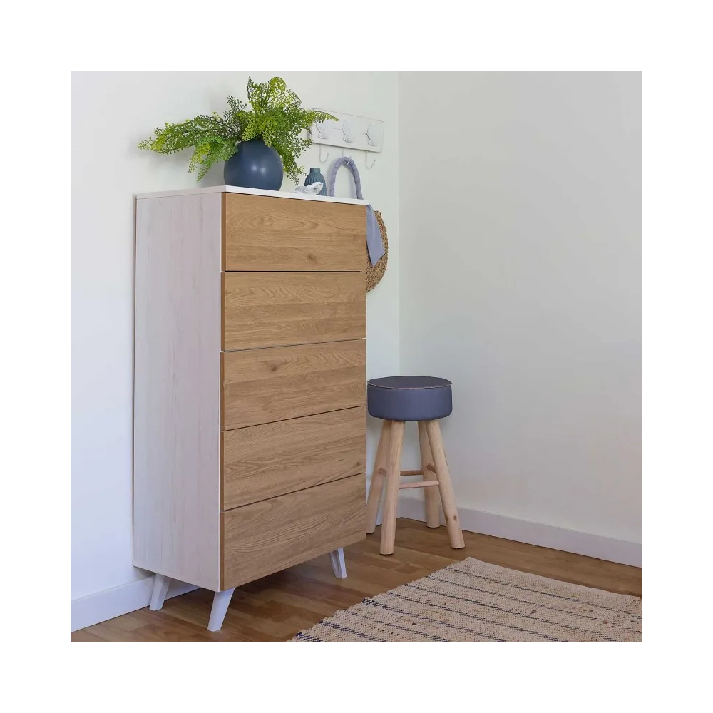 Meyvaser - Sinfonier con 5 Cajones y con Patas, Comoda Cajonera, Color Roble y blanco, 60cm (Anc) x 118,5cm (Al) x 37,8cm (Fon)
