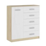 Cómoda Grande para Dormitorio o Salón – Natural y Blanco, 60 x 108 x 60 cm, 1 Puerta y 5 Cajones de Almacenaje.