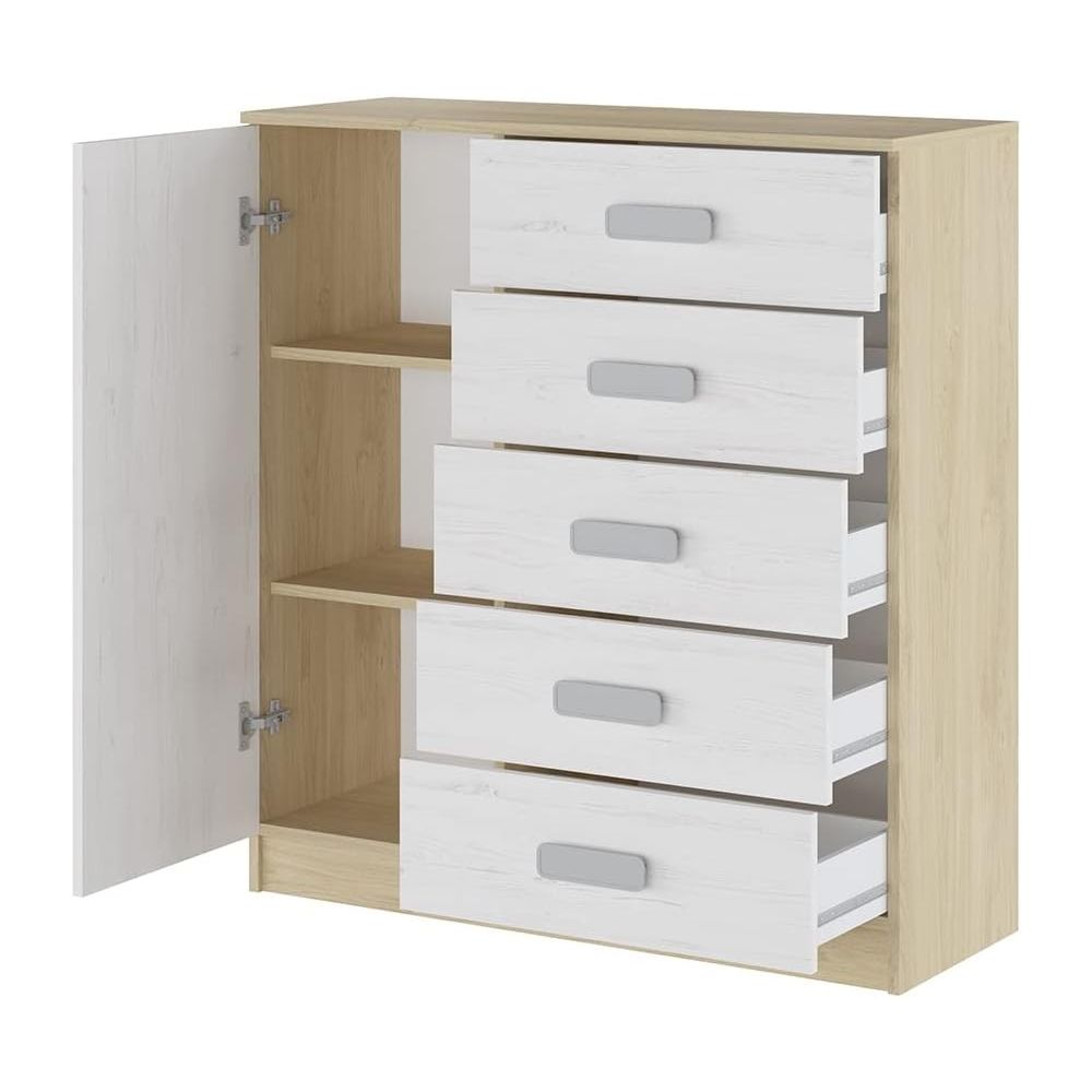 Cómoda Grande para Dormitorio o Salón – Natural y Blanco, 60 x 108 x 60 cm, 1 Puerta y 5 Cajones de Almacenaje.