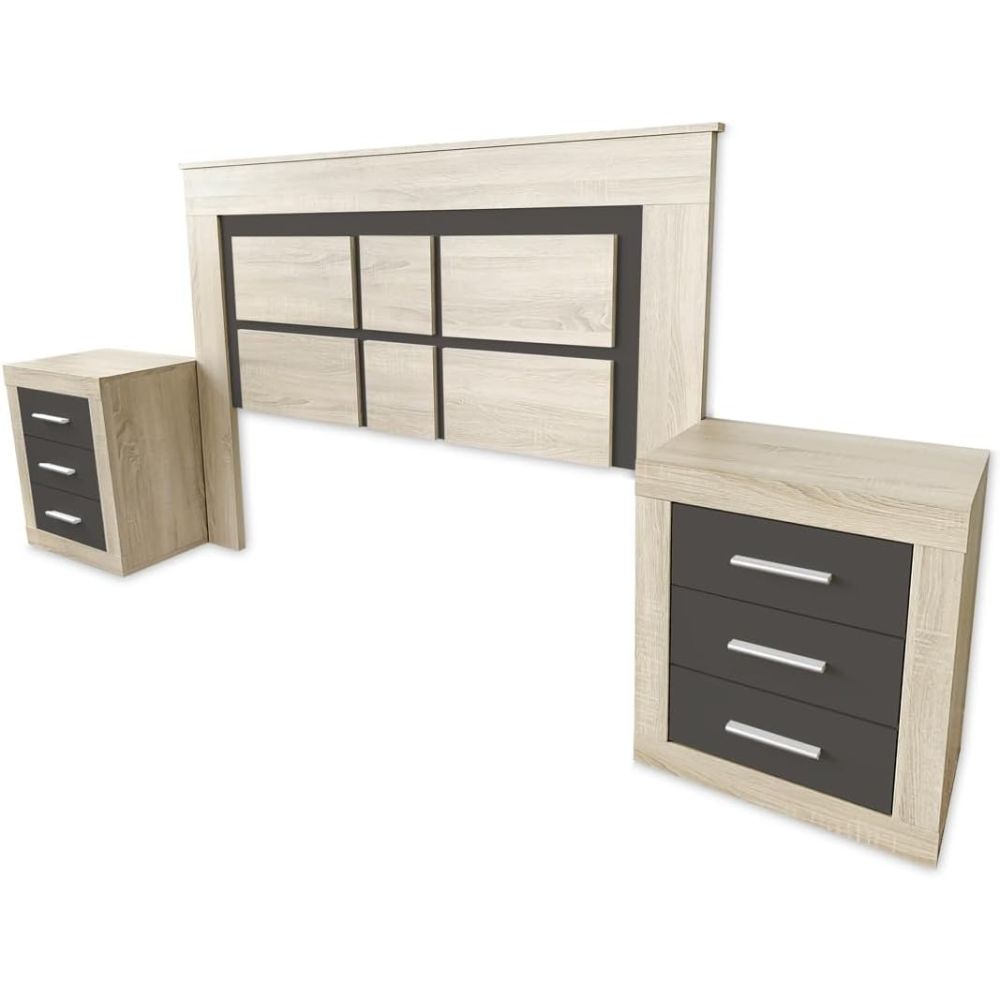 BricoExpo - Pack Cabecero de 160 x 120 cm + 2 Mesitas de Noche | Color Cambria y Grafito (para Cama de 135-140 o 160)