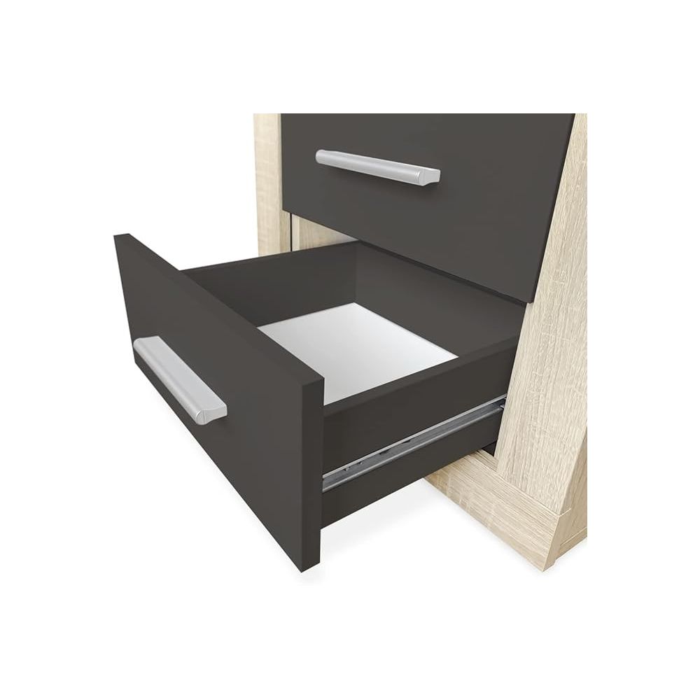 Mesita de Noche, Mesilla de Dormitorio, Color Cambria y Grafito, Medidas: 50 cm (Largo) x 34,6 cm (Fondo) x 60 cm (Alto)