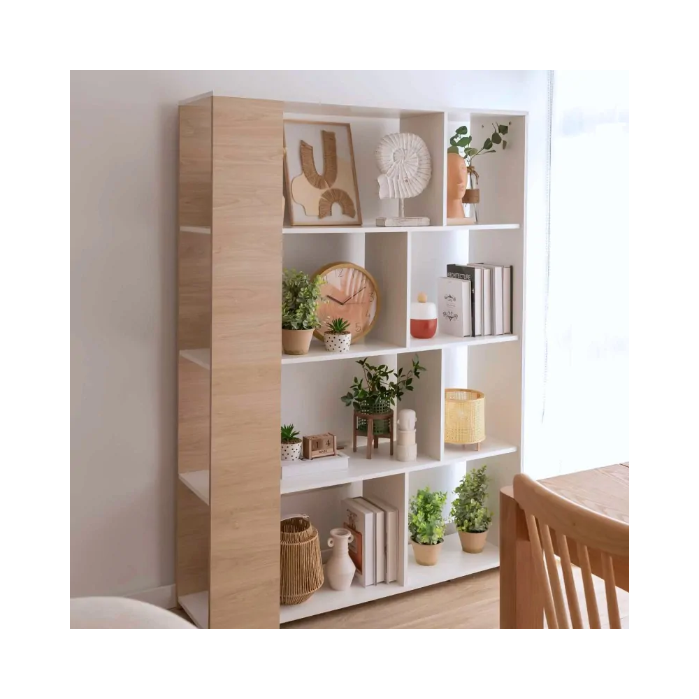 Conjunto de Salón Mueble Completo: Bajo TV, Vitrina, Estantería Decorativa y 2 Estantes - Estilo Roble y Blanco.