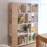 Conjunto de Salón Mueble Completo: Bajo TV, Vitrina, Estantería Decorativa y 2 Estantes - Estilo Roble y Blanco.