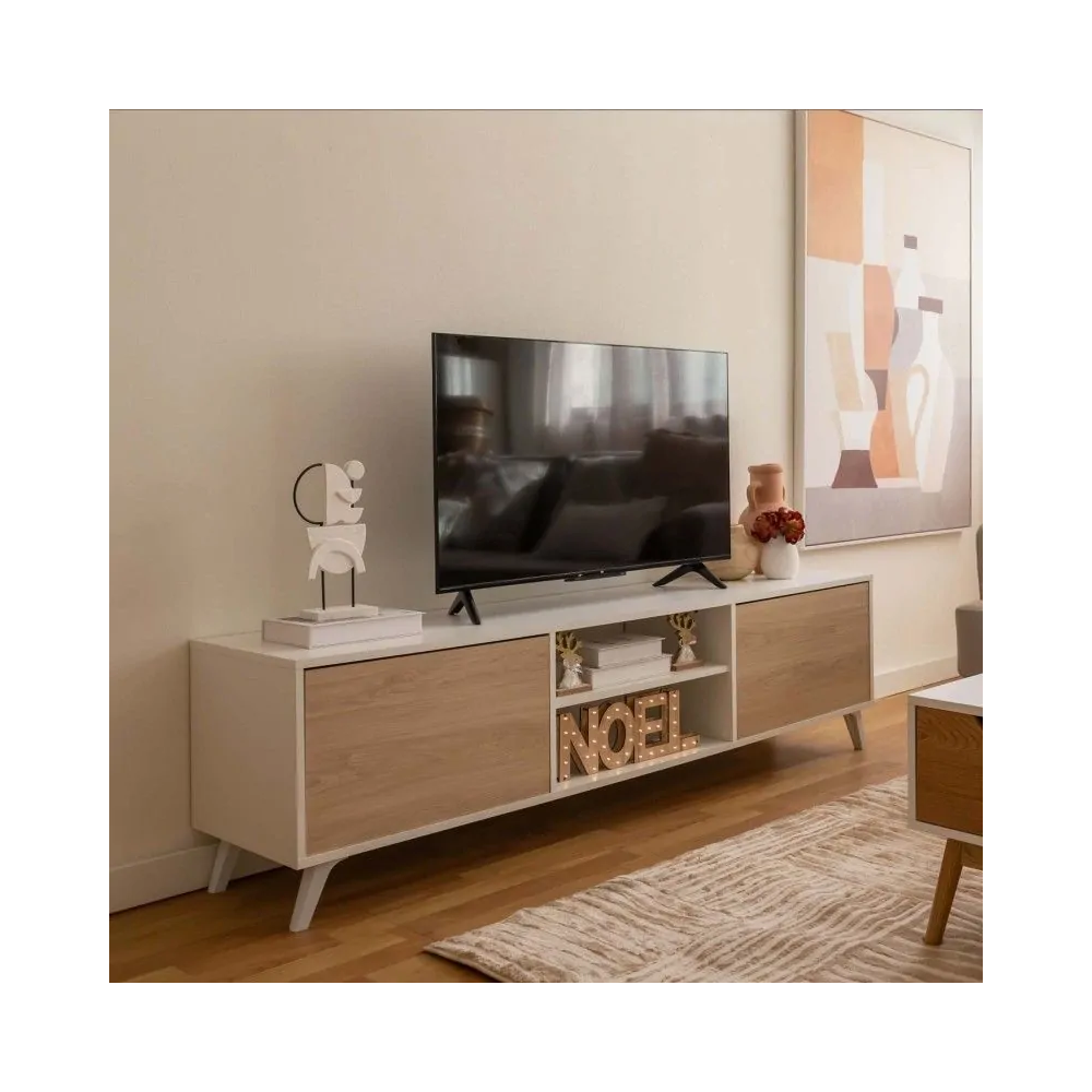 Conjunto de Salón Mueble Completo: Bajo TV, Vitrina, Estantería Decorativa y 2 Estantes - Estilo Roble y Blanco.