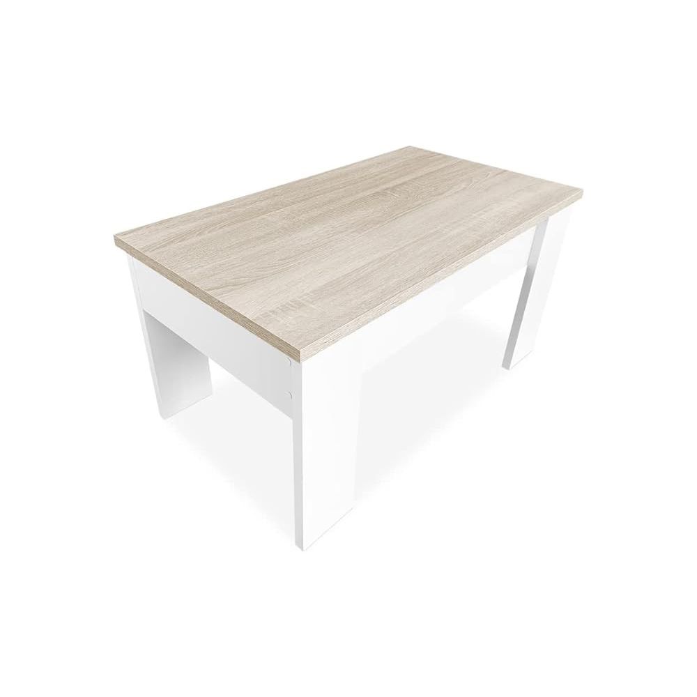 Mesa de Centro Elevable, Acabado en Color Blanco con Tapa Cambria, Medidas: 90 cm (Ancho) x 50 cm (Fondo) x 46-57 cm (Alto)