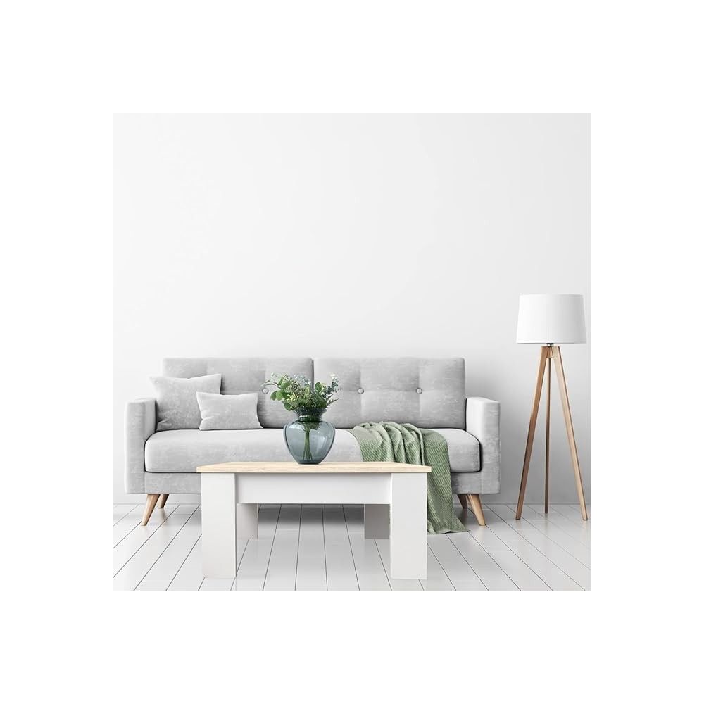 Mesa de Centro Elevable, Acabado en Color Blanco con Tapa Cambria, Medidas: 90 cm (Ancho) x 50 cm (Fondo) x 46-57 cm (Alto)