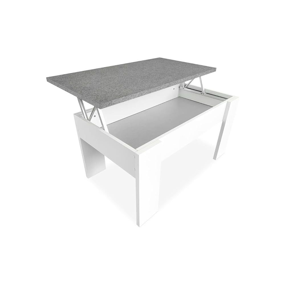 Mesa de Centro Elevable, Medidas: 90 cm x 50 cm x 46-57 cm, Acabado en Color Madera Blanca con Tapa Gris Piedra