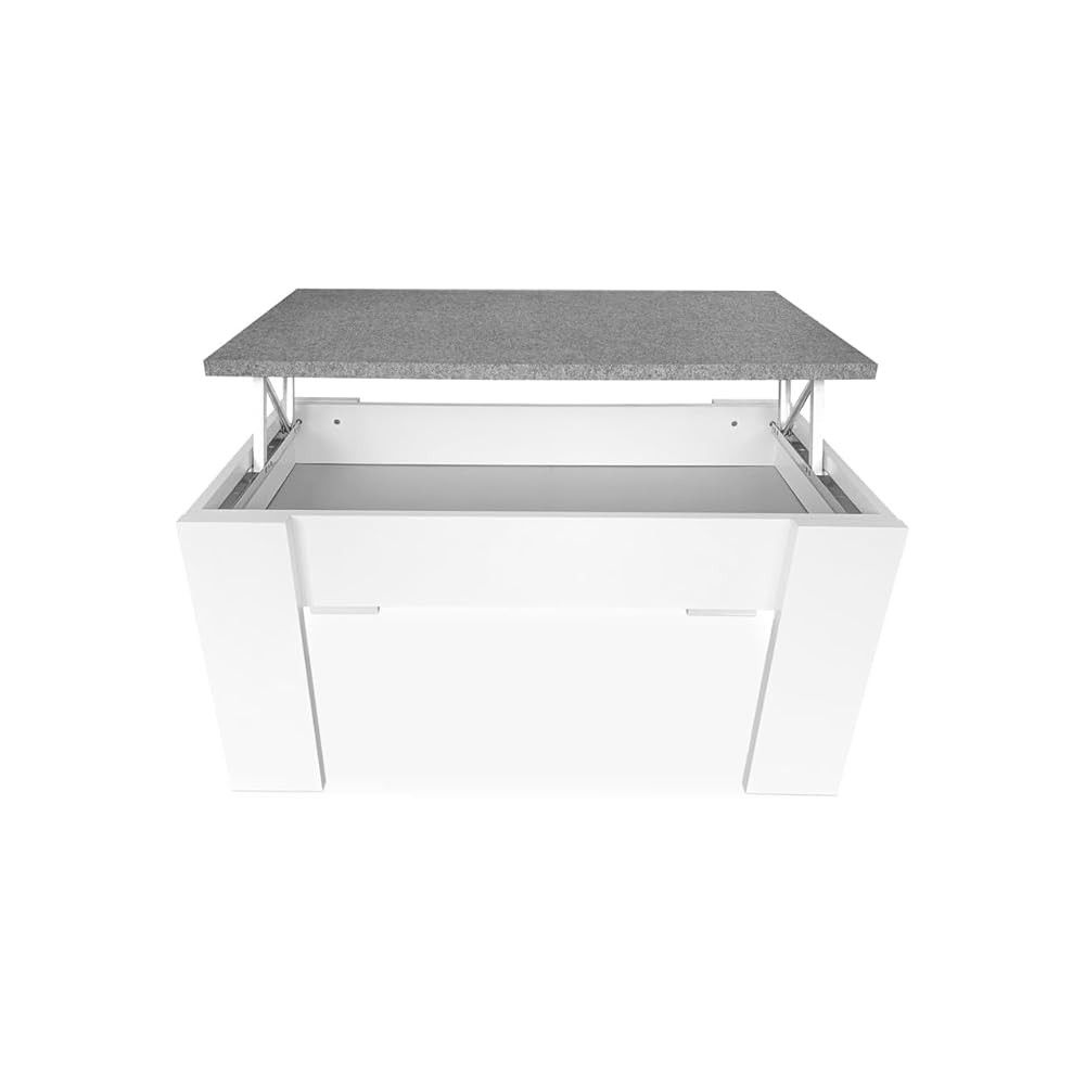Mesa de Centro Elevable, Medidas: 90 cm x 50 cm x 46-57 cm, Acabado en Color Madera Blanca con Tapa Gris Piedra