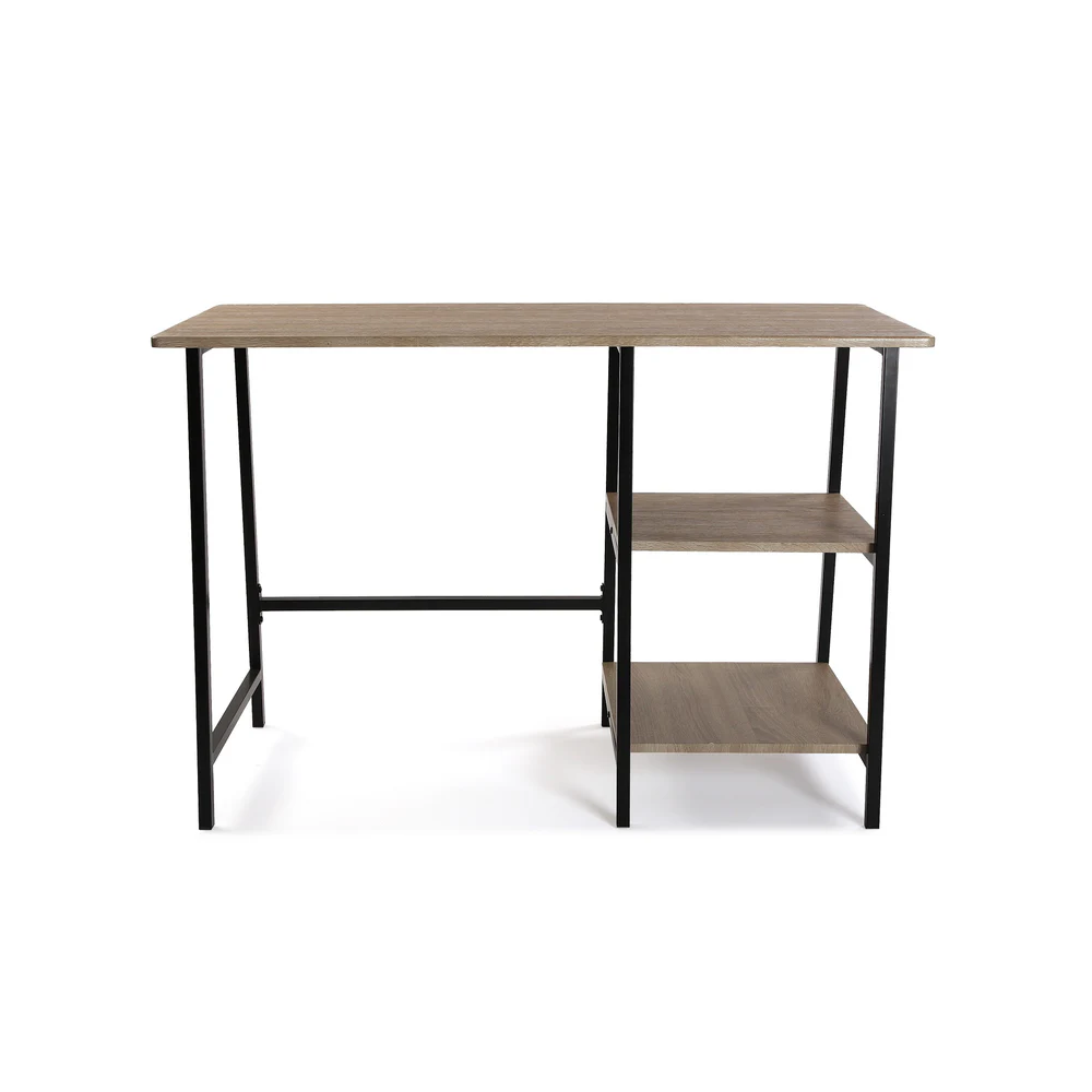 Mesa Escritorio Industrial con Estante y 2 Baldas – MDF Negro, Estructura Metálica y Roble, 110x50x75 cm
