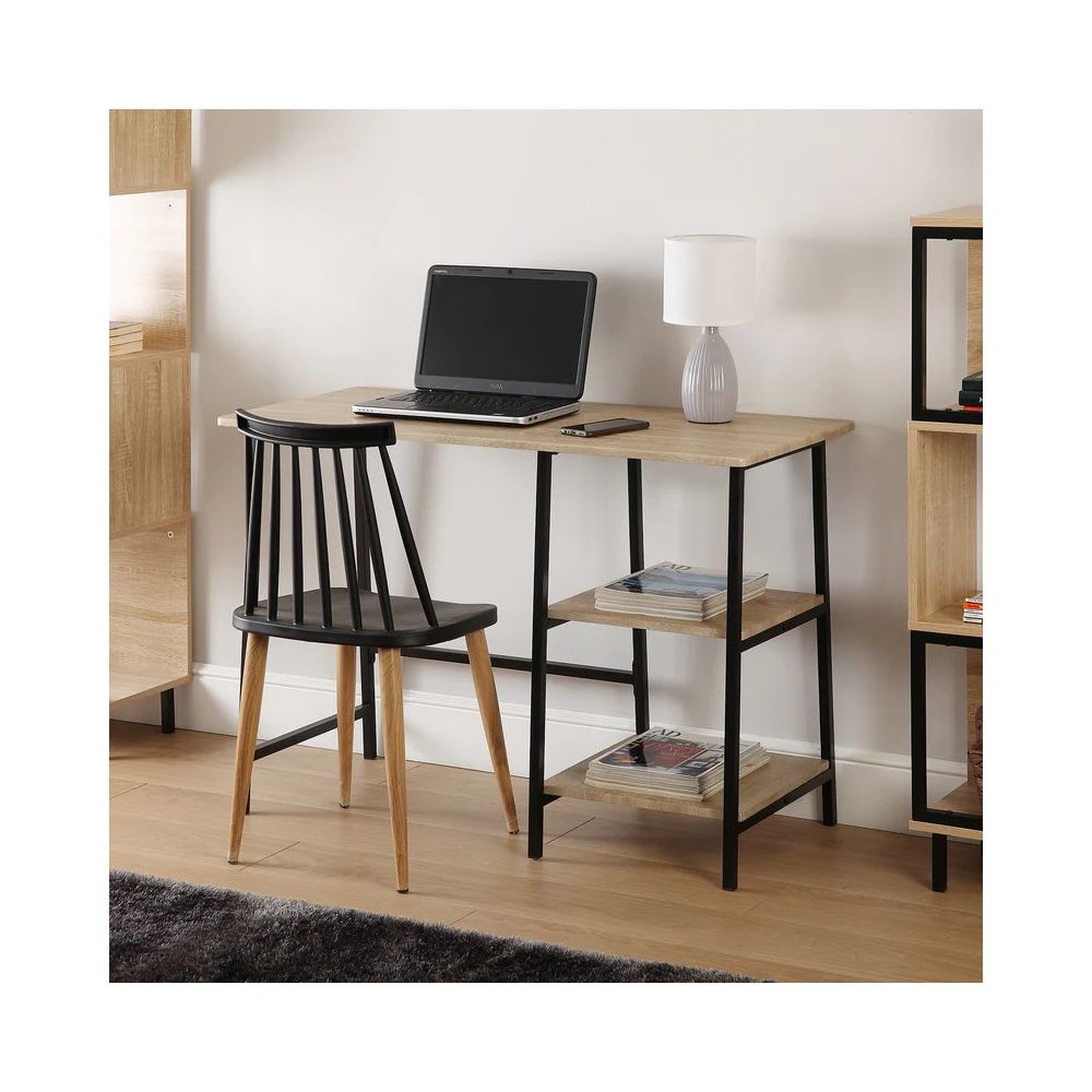 Mesa Escritorio Industrial con Estante y 2 Baldas – MDF Negro, Estructura Metálica y Roble, 110x50x75 cm
