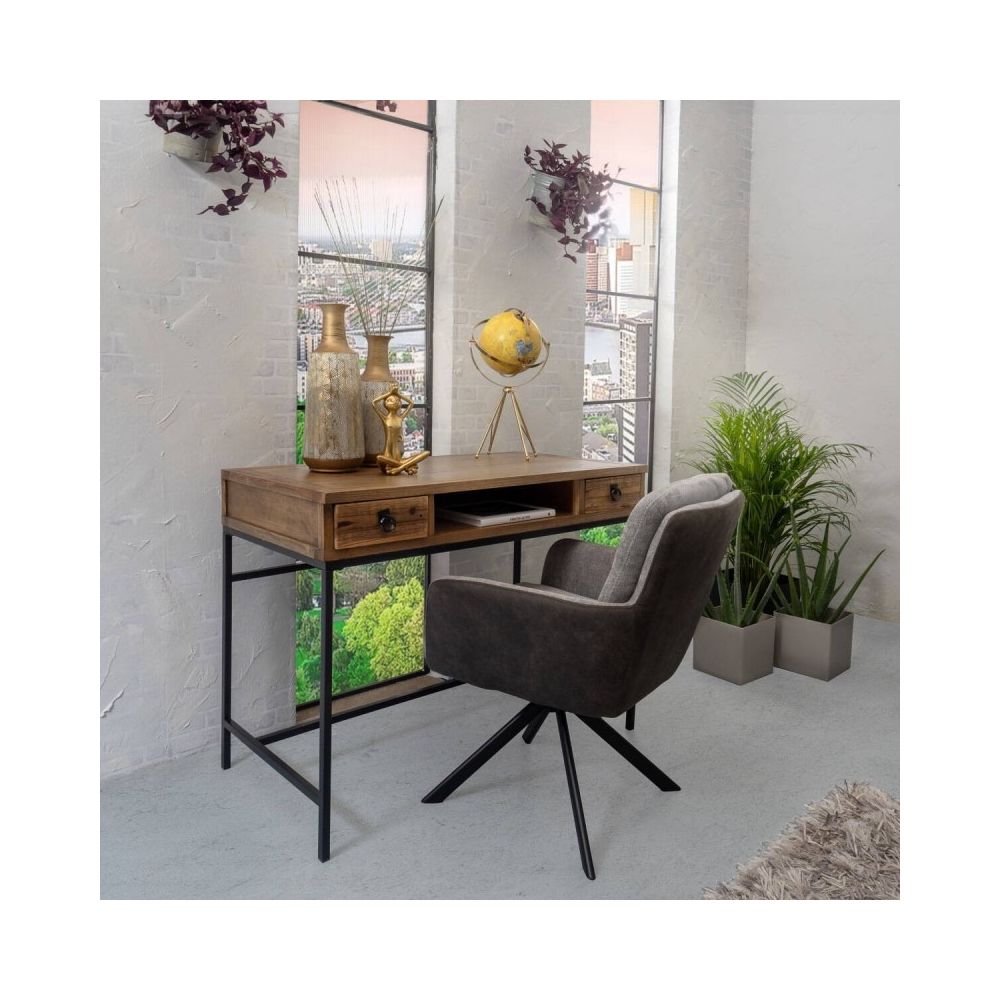 Escritorio Moderno Color Nogal con 2 Cajones y Patas Metálicas Negras – Diseño Elegante y Estable, 112x56x84 cm