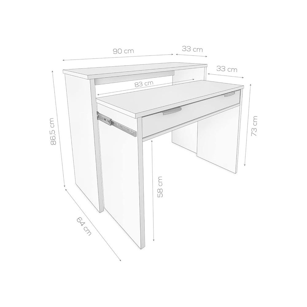 Mesa Escritorio Extensible, Consola Extensible,Color Blanco, Medidas: 90 cm (Largo) x 33-63,4 cm (Ancho) x 87,5 cm (Alto)
