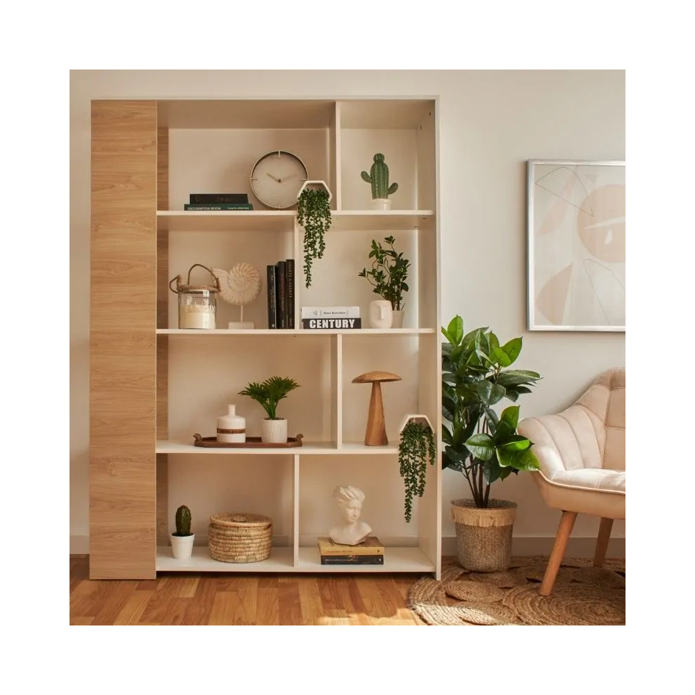 Conjunto de Salón Mueble Completo: Bajo TV, Mueble Bar, Estantería y Mueble Colgar - Estilo Roble y Blanco.