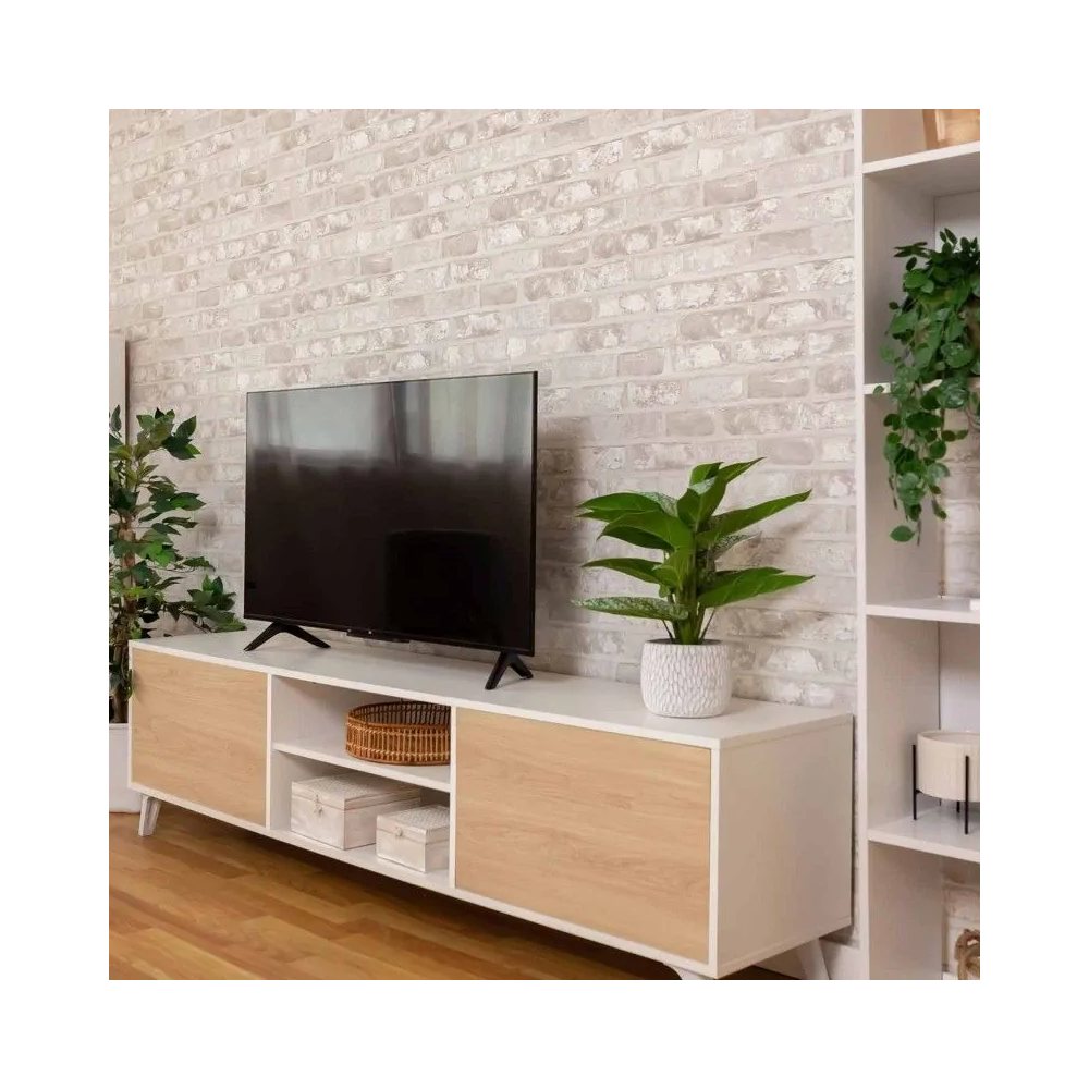 Conjunto de Salón Mueble Completo: Bajo TV, Mueble Bar, Estantería y Mueble Colgar - Estilo Roble y Blanco.