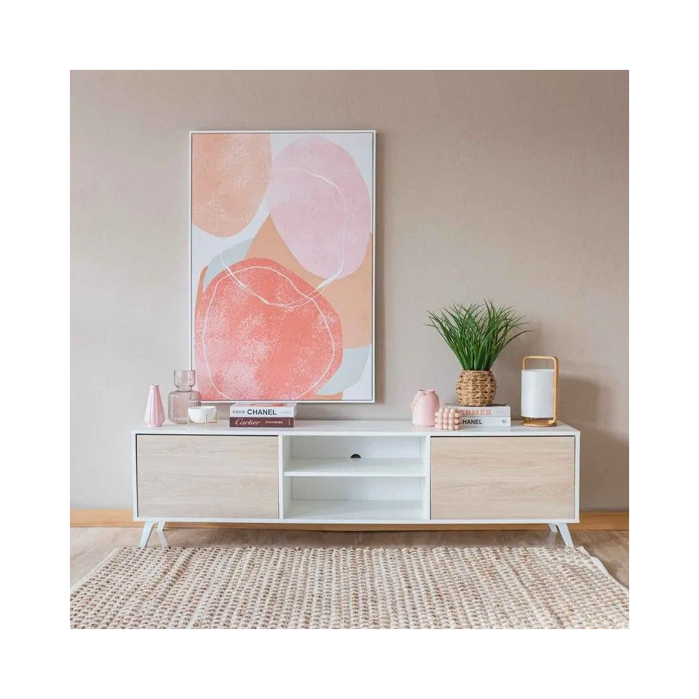 Conjunto de Salón Mueble Completo: Bajo TV, Mueble Bar, Estantería y Mueble Colgar - Estilo Roble y Blanco.