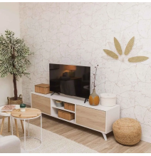 Mueble de TV de Diseño Nórdico, 2 Estantes y 2 Puertas, Cambria - Blanco, 49cm (Al)x 180cm (Anc) x 40cm (Fon)