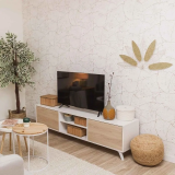 Mueble de TV de Diseño Nórdico, 2 Estantes y 2 Puertas, Cambria - Blanco, 49cm (Al)x 180cm (Anc) x 40cm (Fon)