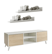 Mueble de TV de Diseño Nórdico + 2 Estantes, 2 Estantes y 2 Puertas,Cambrian-Blanco, 49cm(Al) x 180cm (Anc) x 40cm (Fon)