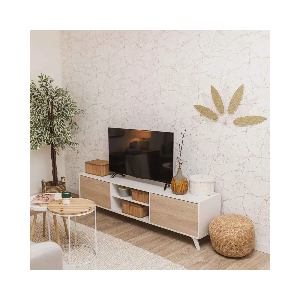 Mueble de TV de Diseño Nórdico + 2 Estantes, 2 Estantes y 2 Puertas,Cambrian-Blanco, 49cm(Al) x 180cm (Anc) x 40cm (Fon)