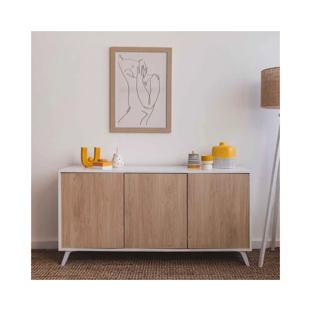 Meyvaser Aparador, Buffet, Salón Comedor 3 Puertas, Armario Auxiliar Color Blanco y Roble, Medidas: 138 cm x 70 x 39,5