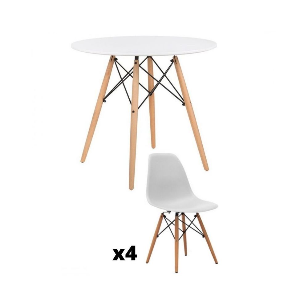 Conjunto Mesa y Sillas Nórdicas: Mesa Blanca (80x80x76 cm) + 4 Sillas con Patas de Madera Haya (46,5 x 48 x 82 cm)