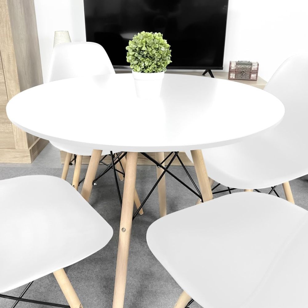 Conjunto Mesa y Sillas Nórdicas: Mesa Blanca (80x80x76 cm) + 4 Sillas con Patas de Madera Haya (46,5 x 48 x 82 cm)