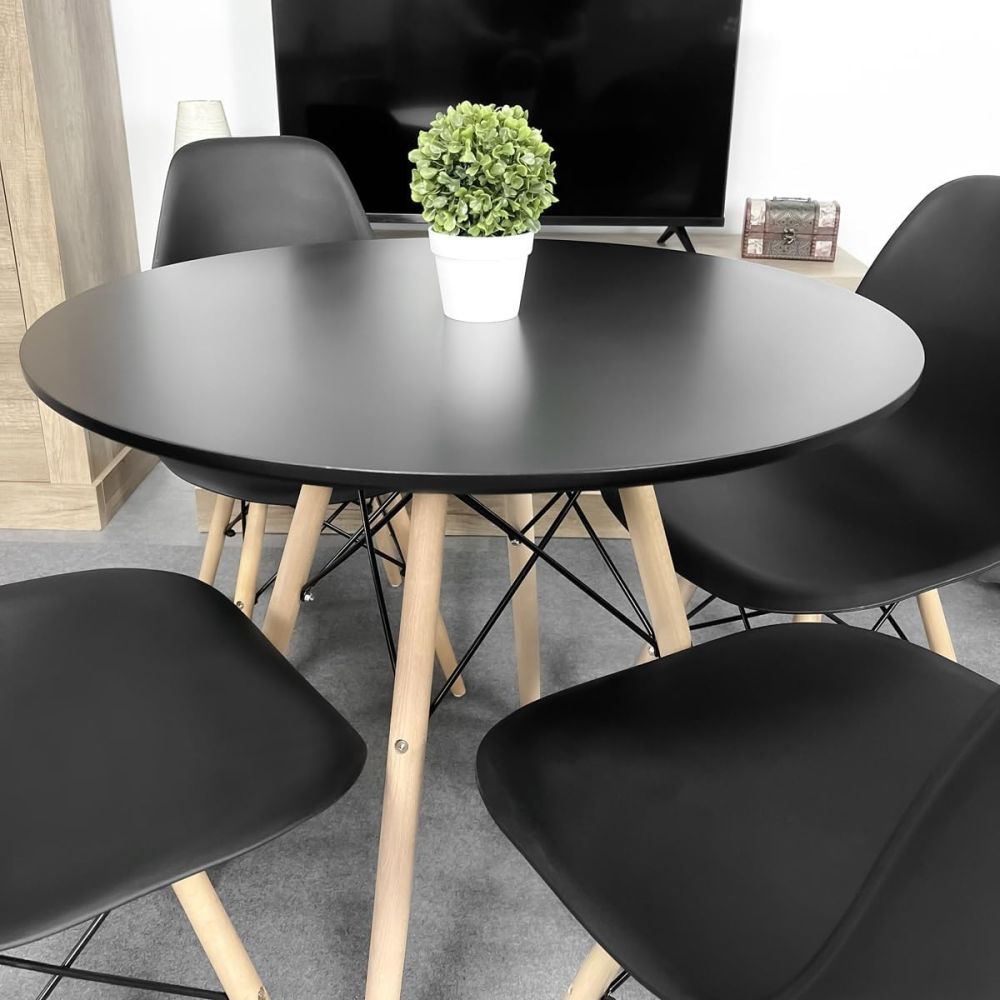 Conjunto Mesa y Sillas Nórdicas: Mesa Negra (80x80x76 cm) + 4 Sillas con Patas de Madera Haya (46,5 x 48 x 82 cm)