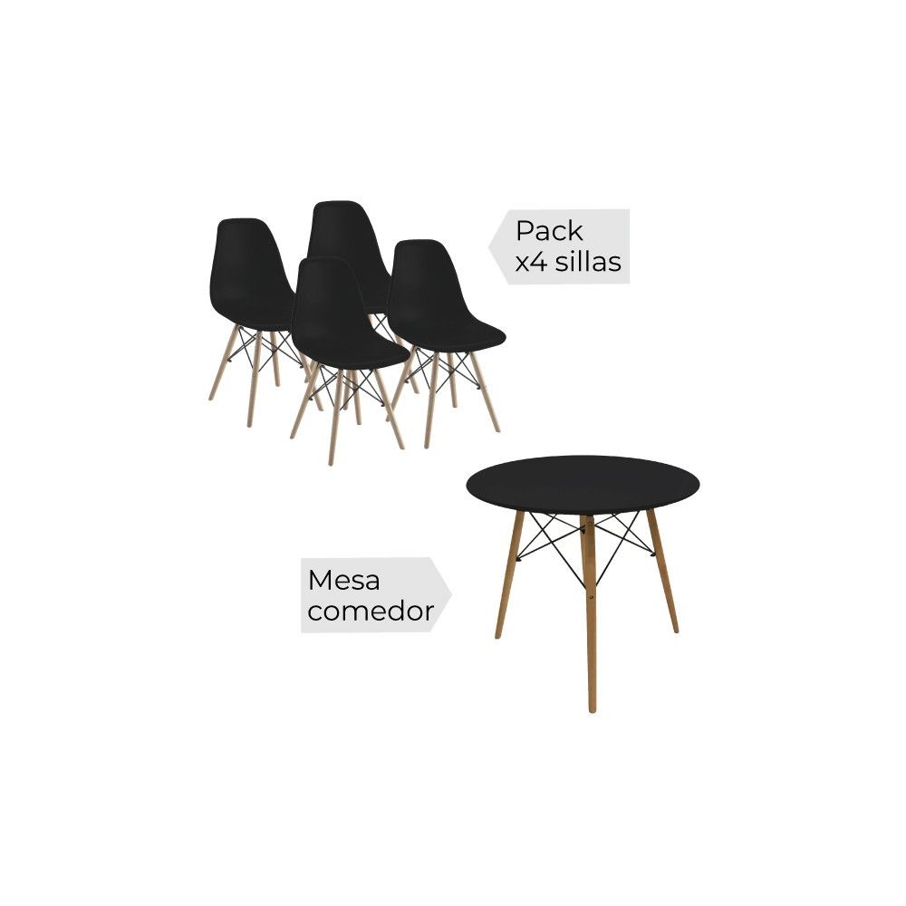 Conjunto Mesa y Sillas Nórdicas: Mesa Negra (80x80x76 cm) + 4 Sillas con Patas de Madera Haya (46,5 x 48 x 82 cm)