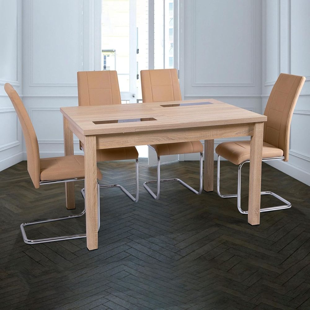 Pack de 4 Sillas Tapizadas para Salón– Acabado Color Beig con Patas Cromadas de Aluminio, Medidas: 42,5 cm x 52 cm x 99 cm