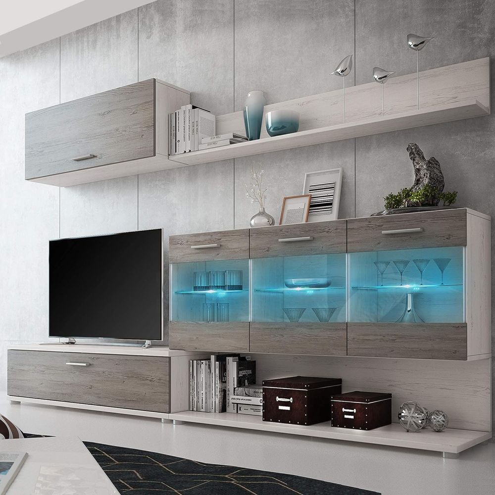 Mueble de Salón con Leds, Acabado en Andersen Pino - Gris, Medidas: 250 cm (Anc) x 115 cm (Al) 40 cm (Fon)