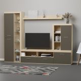Mueble de Salón Moderno con Leds, Acabado en Cambria - Grafito, Medidas: 260 cm (Ancho) x 191 cm (Alto) 47,5 cm (Fondo)