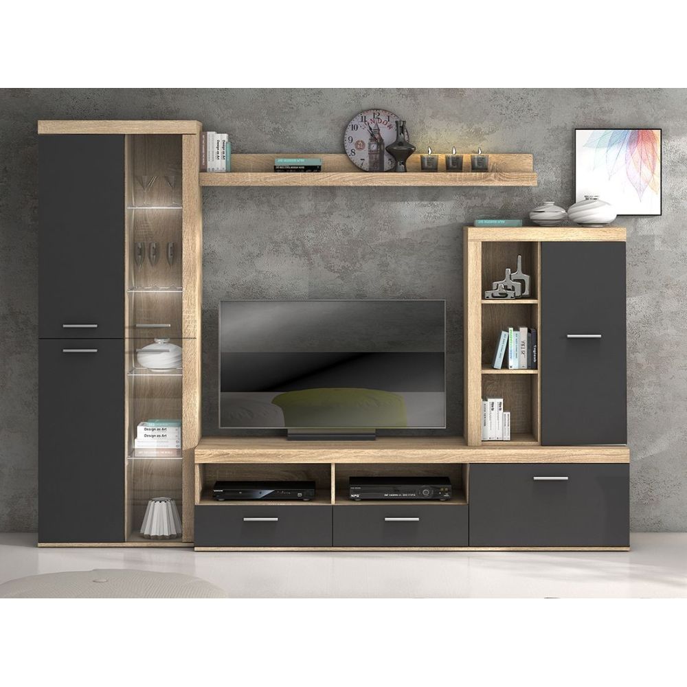 Mueble de Salón Moderno con Leds, Acabado en Cambria - Grafito, Medidas: 260 cm (Ancho) x 191 cm (Alto) 47,5 cm (Fondo)