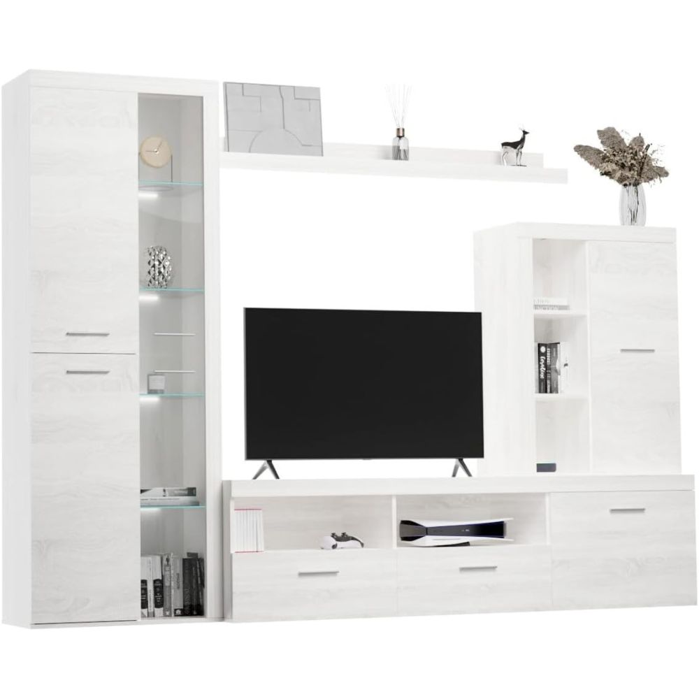 Mueble de Salón Moderno con Leds, Acabado en Andersen Pino, Medidas: 260 cm (Ancho) x 191 cm (Alto) 47,5 cm (Fondo)