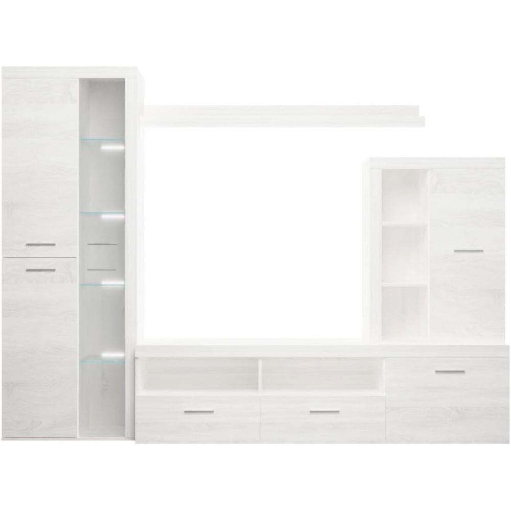 Mueble de Salón Moderno con Leds, Acabado en Andersen Pino, Medidas: 260 cm (Ancho) x 191 cm (Alto) 47,5 cm (Fondo)