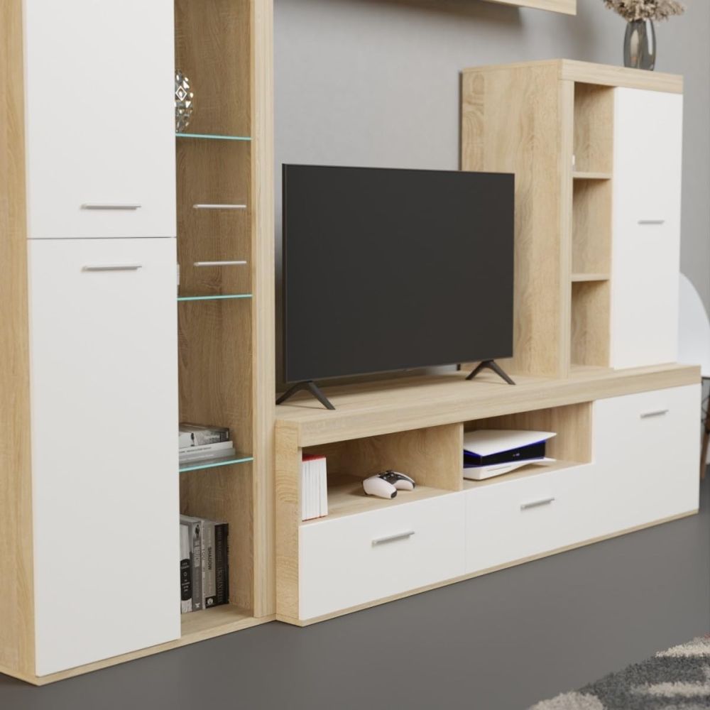 Mueble de Salón Moderno con Leds, Acabado en Cambria - Blanco, Medidas: 260 cm (Ancho) x 191 cm (Alto) 47,5 cm (Fondo)