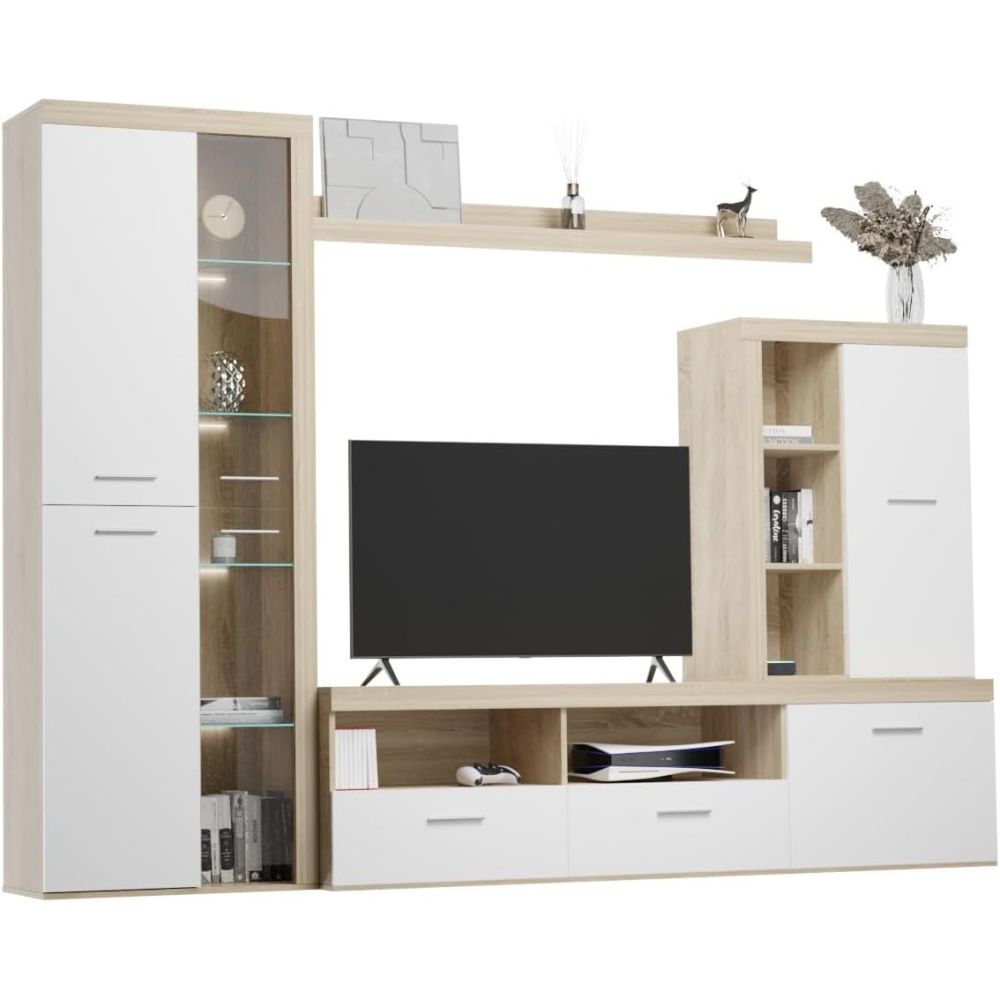 Mueble de Salón Moderno con Leds, Acabado en Cambria - Blanco, Medidas: 260 cm (Ancho) x 191 cm (Alto) 47,5 cm (Fondo)