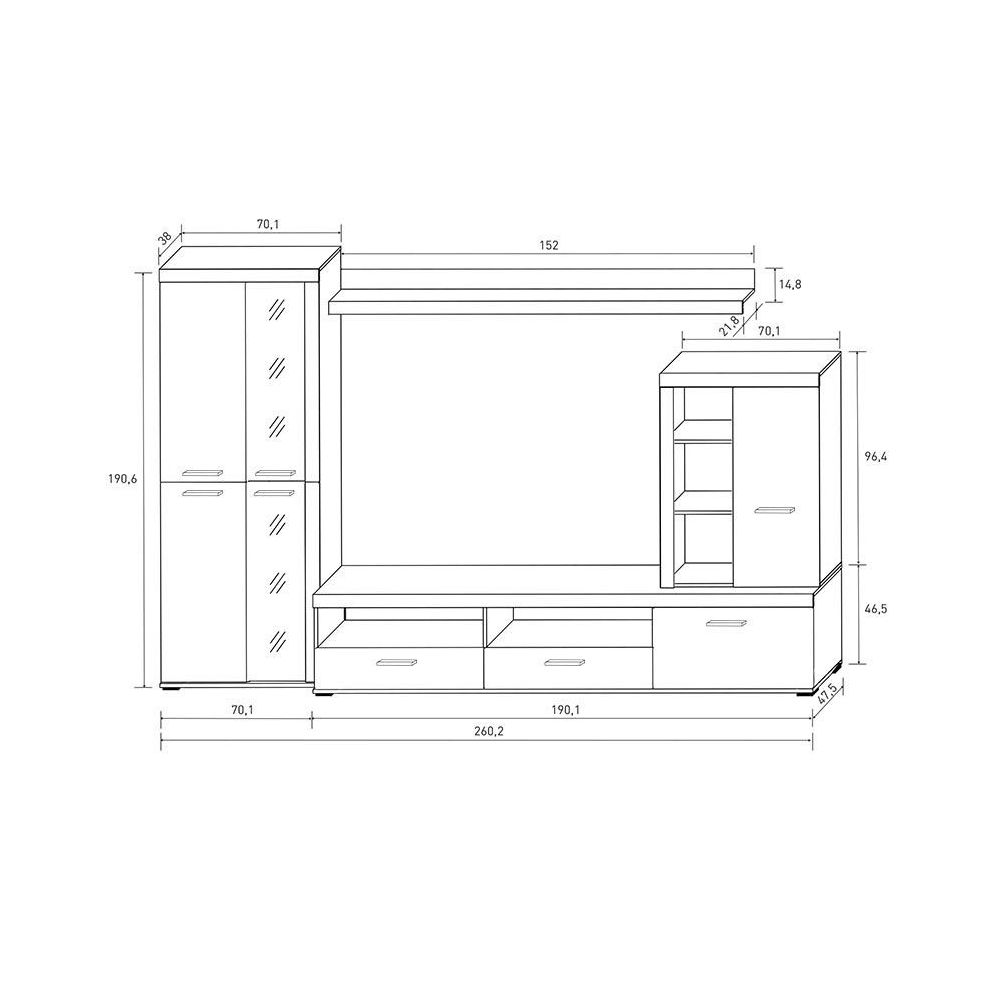Mueble de Salón Moderno con Leds, Acabado en Cambria - Blanco, Medidas: 260 cm (Ancho) x 191 cm (Alto) 47,5 cm (Fondo)