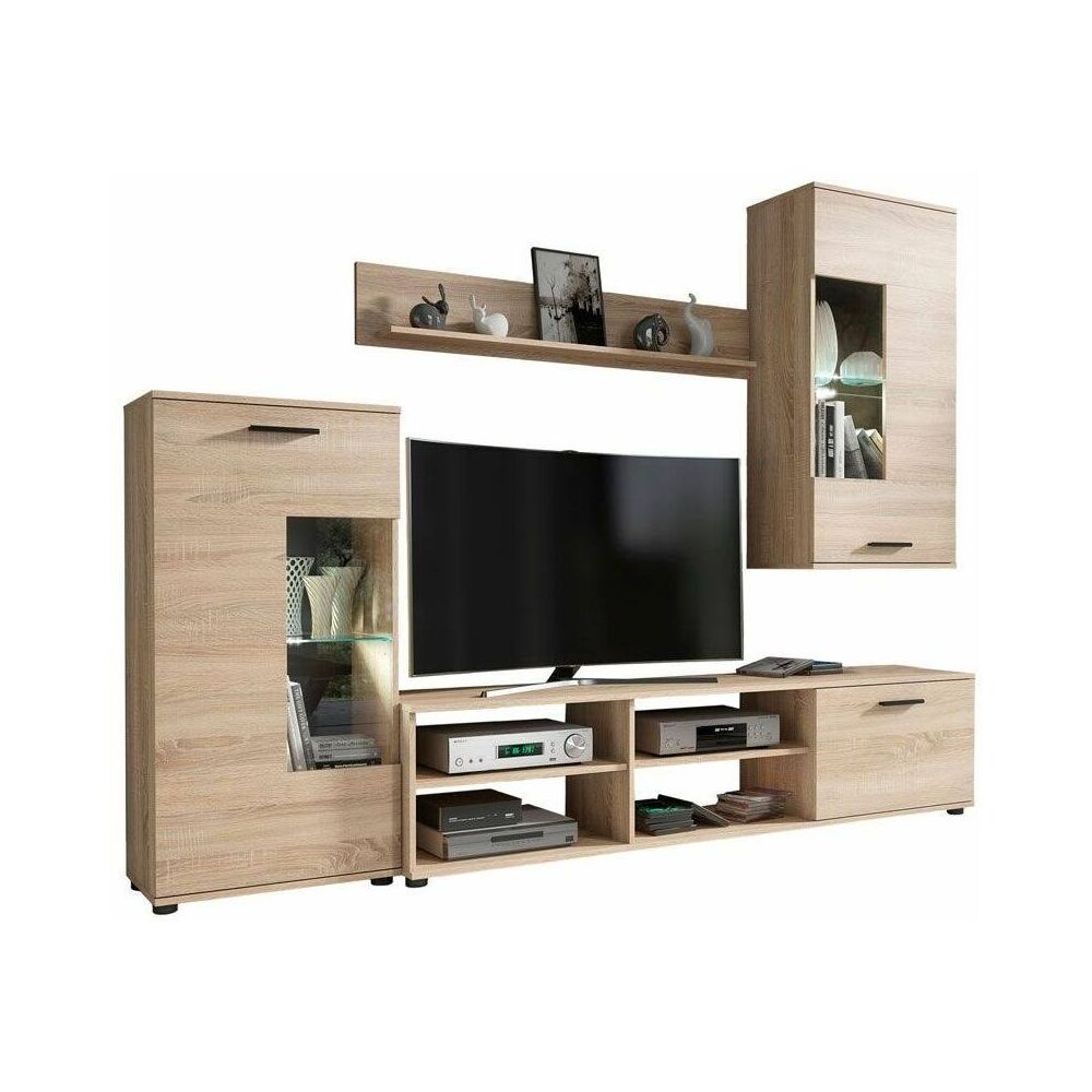 Mueble de Salón Moderno con Leds, Acabado en Cambria, Medidas: 229 cm (Ancho) x 200 cm (Alto) 38 cm (Fondo)
