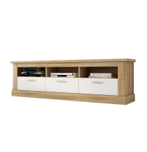 Mueble TV, Mesa de televisión 3 Puertas y 3 Estantes, Acabado en Cambria y Blanco, Patas de Madera,180 cm Lar x 56,6 cm Al x