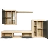 Meyvaser Mueble de salón y TV Moderno con Leds Color Cambria y Grafito Módulo de Comedor 259 Cm