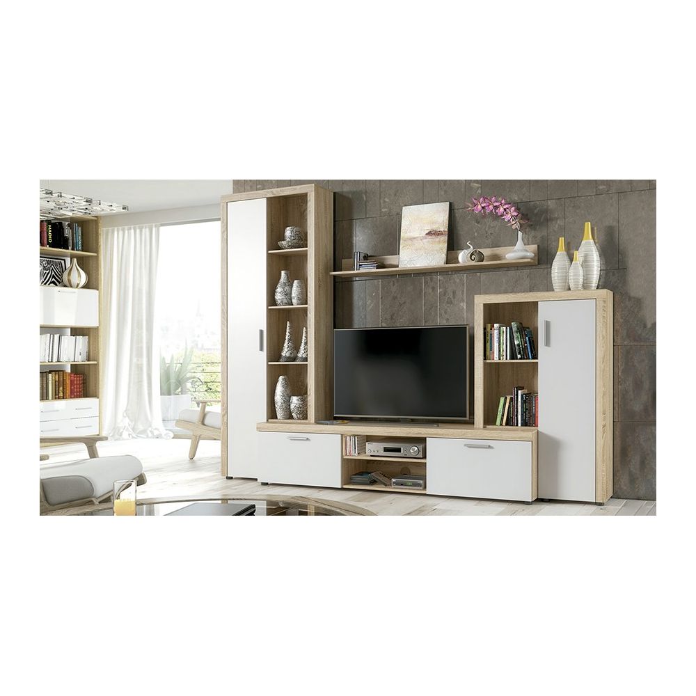 Meyvaser Mueble de salón y TV Composición de salón grande 263 Cm Cambrian-Blanco en madera de gran calidad